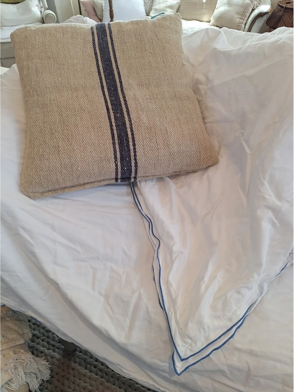 Anthropologie 100% COTTON duvet, KING, blue farmstyle Cordage Trim, New Like...